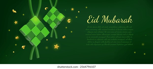 Happy Eid Mubarak vector banner 3D design. Green Ketupat decorations, golden confetti and stars. Cartoon vintage Islamic Ramadan religion symbols