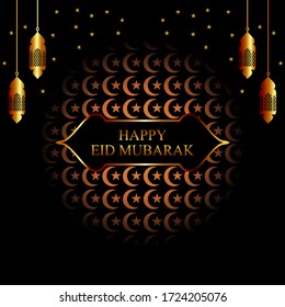 happy eid mubarak vector with hanging lamp background