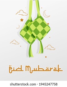 Happy Eid Mubarak Vector Illustration suitable for Poster Banner Greeting card and others, Eid Mubarak Template with Ketupat and Art Line Style