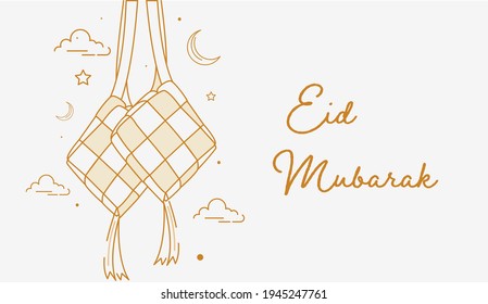 Happy Eid Mubarak Vector Illustration suitable for Poster Banner Greeting card and others, Eid Mubarak Template with Ketupat and Art Line Style