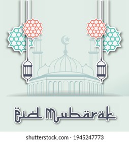 Happy Eid Mubarak Vector Illustration suitable for Poster Banner Greeting card and others, Eid Mubarak Template with  Art Line Style