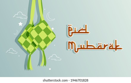 Happy Eid Mubarak Vektorgrafik geeignet für Poster Banner Grußkarte und andere, Eid Mubarak Template mit Ketupat und Art Line Style