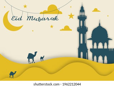 Happy Eid Mubarak Vector Illustration, Green silhouette Mosque, moon, clouds, and stars. Best For Greeting Cards, Banners, Background, Concept Design, Cards