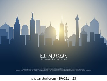 Happy Eid Mubarak Vector Illustración, Green Silhouette Mosque, City, moon, nubes, Aves y estrellas en la mañana. Lo Mejor Para Tarjetas De Saludo, Banners, Fondo, Diseño De Conceptos, Tarjetas