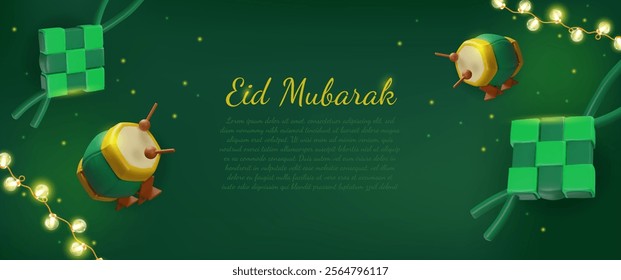 Happy Eid Mubarak vector landing page. 3D realistic design with green Ketupat decorations, glowing garland, drums. Cartoon Islamic Ramadan religion symbols, Arabic culture