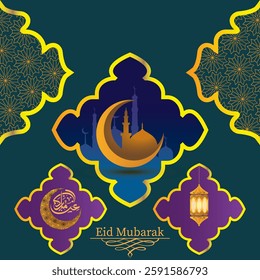 Happy Eid Mubarak vector luxury premium background design with masque, golden moon, stars, lump, typography with color full background