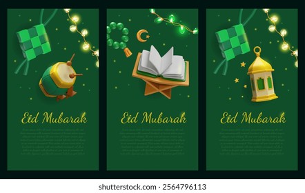 Happy Eid Mubarak vector posters set. 3D realistic design with green Ketupat decorations, glowing garland, drum. Golden crescent moon, lantern, beads and Koran book. Islamic religion symbols