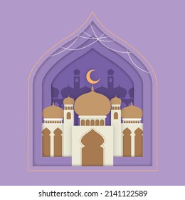 Happy Eid Mubarak White and Gold Mosque with papercut purple background