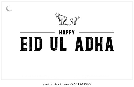 Happy Eid Ul Adha Design with Goat on a white Background, Vector Design of Eid Mubarak, Arabic Calligraphy of Eid Mubarak, Vector design of Eid Al Adha with Arabic and English Typography