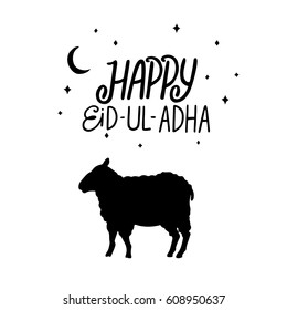 Happy eid ul adha handwritten lettering. Typographical design. Vector calligraphy with sheep isolated on white background for your design.