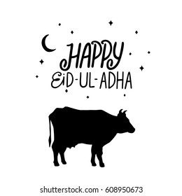 Happy eid ul adha handwritten lettering. Typographical design. Vector calligraphy with cow isolated on white background for your design.