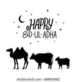 Happy eid ul adha handwritten lettering. Typographical design. Vector calligraphy with animals isolated on white background for your design.