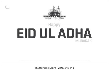 Happy Eid Ul Adha Mubarak Design with Mecca on a white Background, Vector Design of Eid Mubarak, Arabic Calligraphy of Eid Mubarak, Vector design of Eid Al Adha with Arabic and English Typography