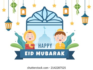 Feliz Eid ul-Fitr Mubarak Ilustración de fondo. Musulmanes celebran con manos temblorosas y se disculpan con un estilo plano