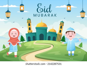 Happy Eid ul-Fitr Mubarak Background Illustration. Muslim People Celebrating with Shaking Hands Wishing Each Other and Apologize in Flat Style