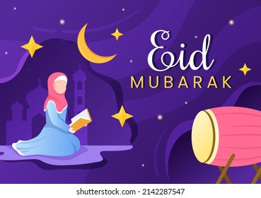 Happy Eid ul-Fitr Mubarak Background Illustration. Muslims Praying with Both Hands in Flat Style