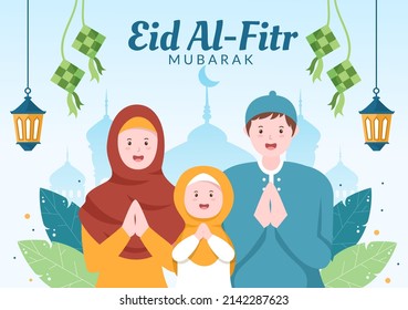 Happy Eid ul-Fitr Mubarak Hintergrund Illustration. Muslime, die mit schütternden Händen feiern und sich gegenseitig wünschen und sich im Flachstil entschuldigen