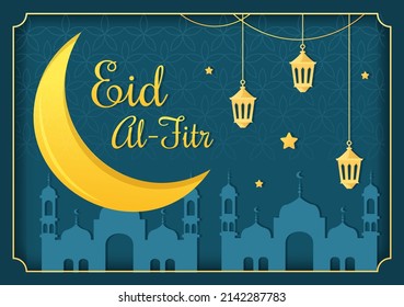 Happy Eid ul-Fitr Mubarak Background Illustration with Pictures of Mosques, Moon, Antennas and Others Suitable for Posters