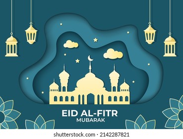 Happy Eid ul-Fitr Mubarak Background Illustration with Pictures of Mosques, Moon, Antennas and Others Suitable for Posters
