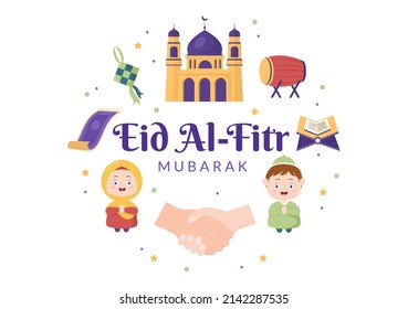 Happy Eid ul-Fitr Mubarak Cartoon Background Illustration with Pictures of Mosques, Ketupat, Bedug, and Others Suitable for Posters