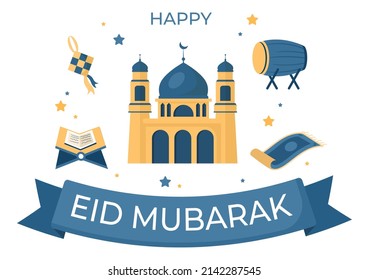 Happy Eid ul-Fitr Mubarak Cartoon Background Illustration with Pictures of Mosques, Ketupat, Bedug, and Others Suitable for Posters