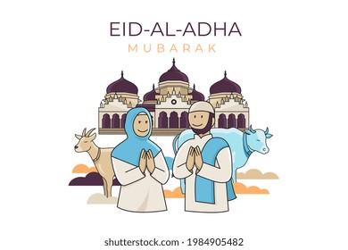 Happy Eid-Al-Adha mubarak with Muslim couple on mosque background vector illustration. 