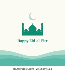 Feliz ilustración de Eid-al-Fitr con la Grande arquitectura de la mezquita con luna creciente y olas blancas.