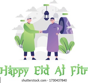 Feliz Eid-Al-Fitr Mubarak - Fin del Ramadán - El diseño de carácter plano se perdona mutuamente con apretón de manos - Idul Fitri