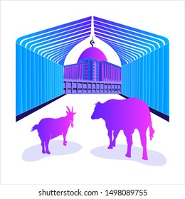 Happy Eidul Adha, cattle, goats and mosques