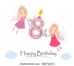 Happy eight birthday with cute fairy tale greeting card vector