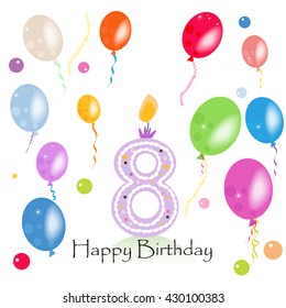 Happy eighth birthday candle vector with colorful confetti and balloons vector illustration