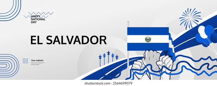 Happy El Salvador Independence Day banner in modern style. Wide banner for website, social and more with typography. Illustration for national holiday celebration party