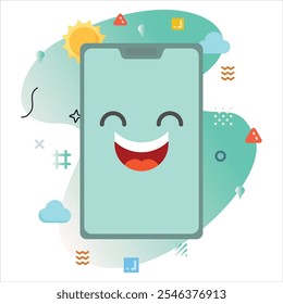 Emoji feliz elatado em uma tela de Smartphone: Design de Ilustração Moderno com um toque criativo de elementos geométricos coloridos | Feliz Elated Emoji Icon Design na tela do Smartphone