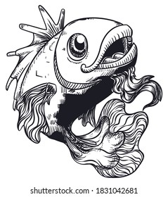 Happy, elder and bearded fish in lines style, like a sea monster with its comb in the head.