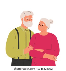 Happy elder man hugging his wife feeling love to each other. Portrait of old couple man and woman. Friendly family relationship. Cartoon vector flat illustration on white background. 