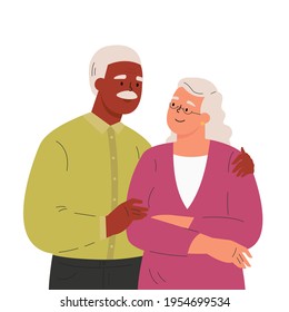 Happy elder man hugging his wife feeling love to each other. Portrait of old couple man and woman. Friendly family relationship. Cartoon vector flat illustration on white background. 