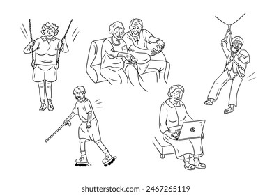 Happy eldering people doodle set. Vector outline sketchy drawings of grandpas and grandmas isolated on white background. Good for for coloring pages, stickers.