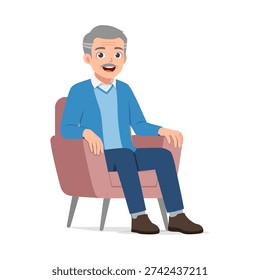 Happy Elderly Asian Man Sitting Comfortably in an Armchair Smiling Cheerfully
