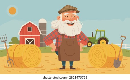 Happy elderly bearded farmer standing proudly on his farm with hay bales, a tractor, and red barn in the background.