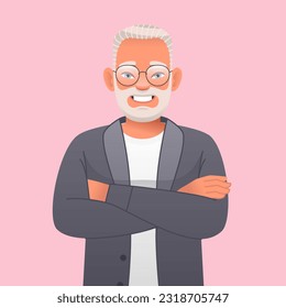 A happy elderly bearded man in glasses stands with his arms crossed. Old gray-haired successful confident grandfather. Vector illustration in cartoon style on a pink background.
