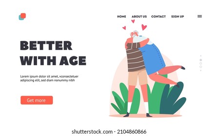 Happy Elderly Characters Hugging Landing Page Template. Loving Aged Couple Romantic Relations. Senior Man and Woman Embrace Each Other, Love, Romance Emotions. Cartoon People Vector Illustration