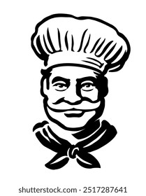 Happy elderly chef in hat sketch. Hand drawn portrait of male cook vector illustration