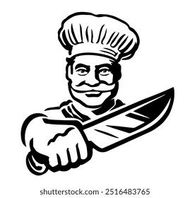 Happy elderly chef with meat cleaver. Hand drawn male cook illustration for butcher shop or restaurant menu