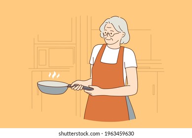 Happy elderly cooking lifestyle concept. Smiling mature aged woman in apron cartoon character standing holding cooking pan vector illustration 