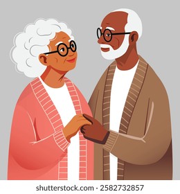 A happy elderly couple of African Americans look at each other with love. An elderly man and an elderly woman.  Nice family. Hand-drawn vector illustration