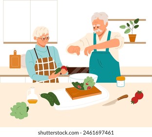 Happy elderly couple in aprons cooking healthy vegetarian dinner in kitchen at home. Mature family preparing fresh salad together. Flat vector illustration isolated on white background