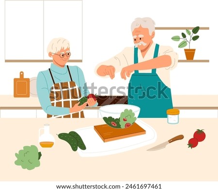 Happy elderly couple in aprons cooking healthy vegetarian dinner in kitchen at home. Mature family preparing fresh salad together. Flat vector illustration isolated on white background