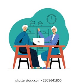 Happy elderly couple communicate with friends and relatives via video link on laptop at home. Online meetings at distance. Retired peoples leisure time. Cartoon flat illustration