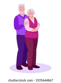 Feliz pareja de ancianos. El concepto de relaciones, cuidado, apoyo en la vejez. Ilustración vectorial al estilo de las caricaturas planas. Aislado sobre un fondo blanco.