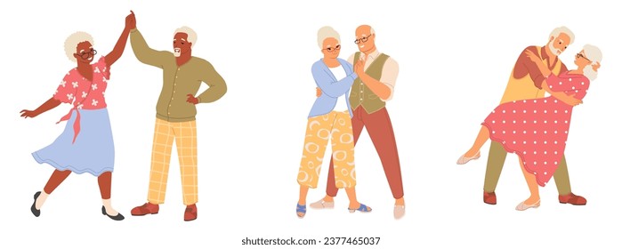 Happy elderly couple dancing funny dance with joy and pleasure having romantic dating isolated vector illustration set on white background. Love relationship of old people